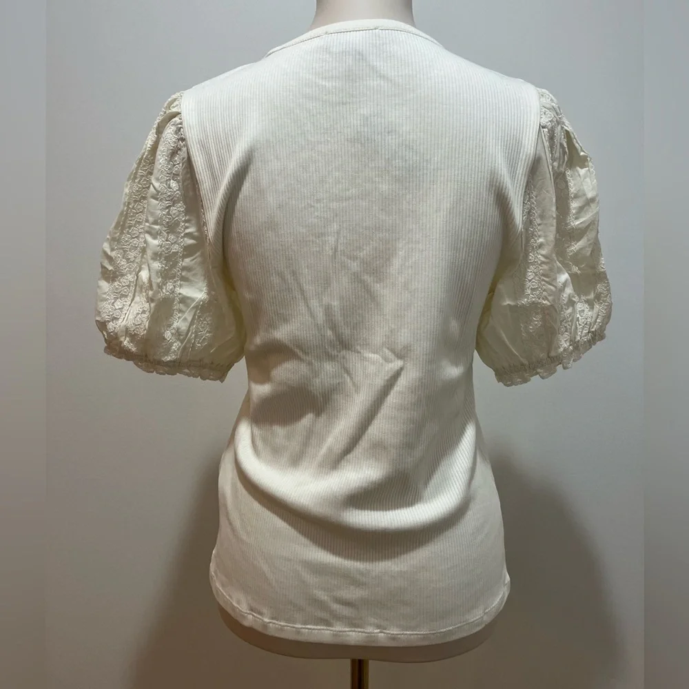 J. Crew Vintage Rib Top with Lace Puff Sleeves in Natural